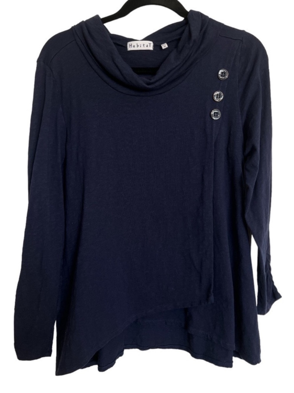 Habitat Cowl Neck Pullover Sweater Navy Blue Asymmetrical Button Detail